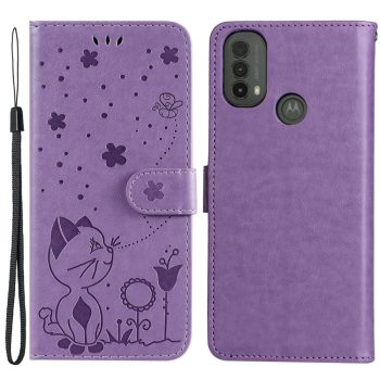 Кожен калъф тефтер /book type/ Motorola Moto E20 / Moto E40 - лилав с коте