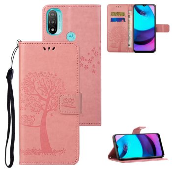 Кожен калъф тефтер / book type / Motorola Moto E20 / Moto E40 - розов с дърво